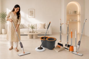 Woman using Klyntec cleaning tools in a bright home