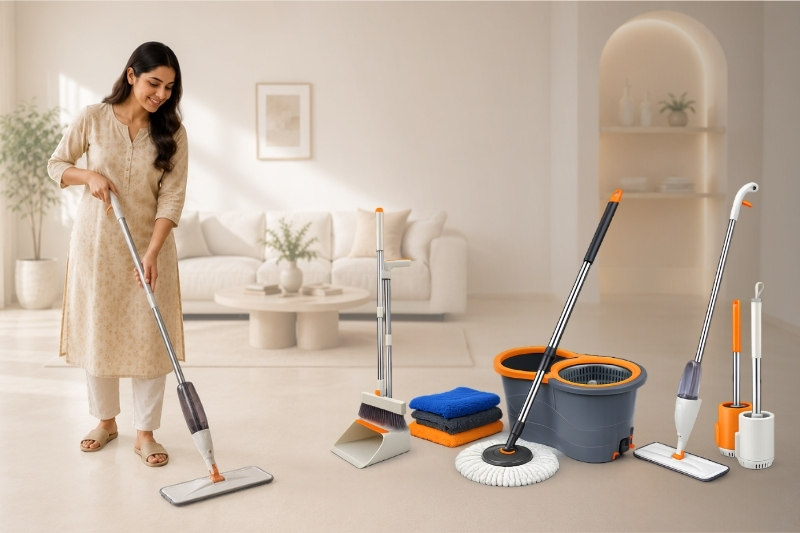 Woman using Klyntec cleaning tools in a bright home
