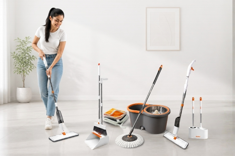 Woman using Klyntec cleaning tools in a bright home