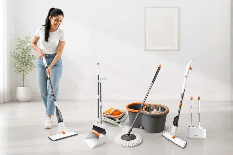 Woman using Klyntec cleaning tools in a bright home